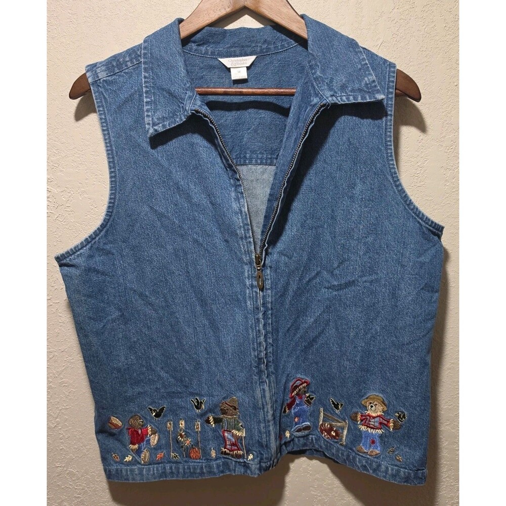 Vtg Christopher & Banks M Women Denim Grannycore Vest Fall Scarecrow Halloween
